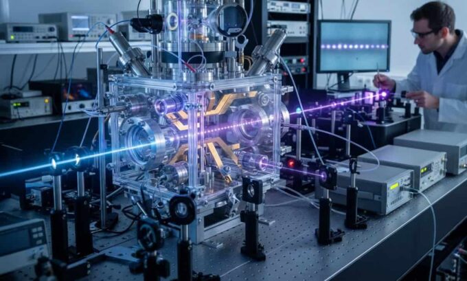Pesquisadores do IFSC-USP utilizam lasers para resfriar e aprisionar íons de estrôncio dentro de uma câmara de ultra-alto vácuo, criando a base para a computação quântica no Brasil.
